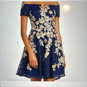 Aqua by Bloomingdale’s Navy Lace Embroidered off the shoulder cocktail Dress - 2